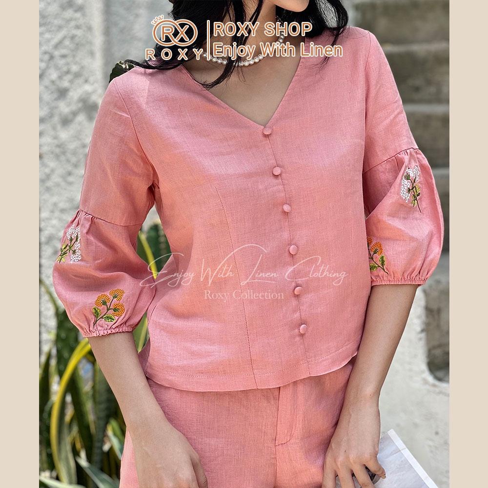 Set Bộ Đồ Nữ Linen Quần Đùi Áo Cổ Tim Tay Dài Thêu Hoa
