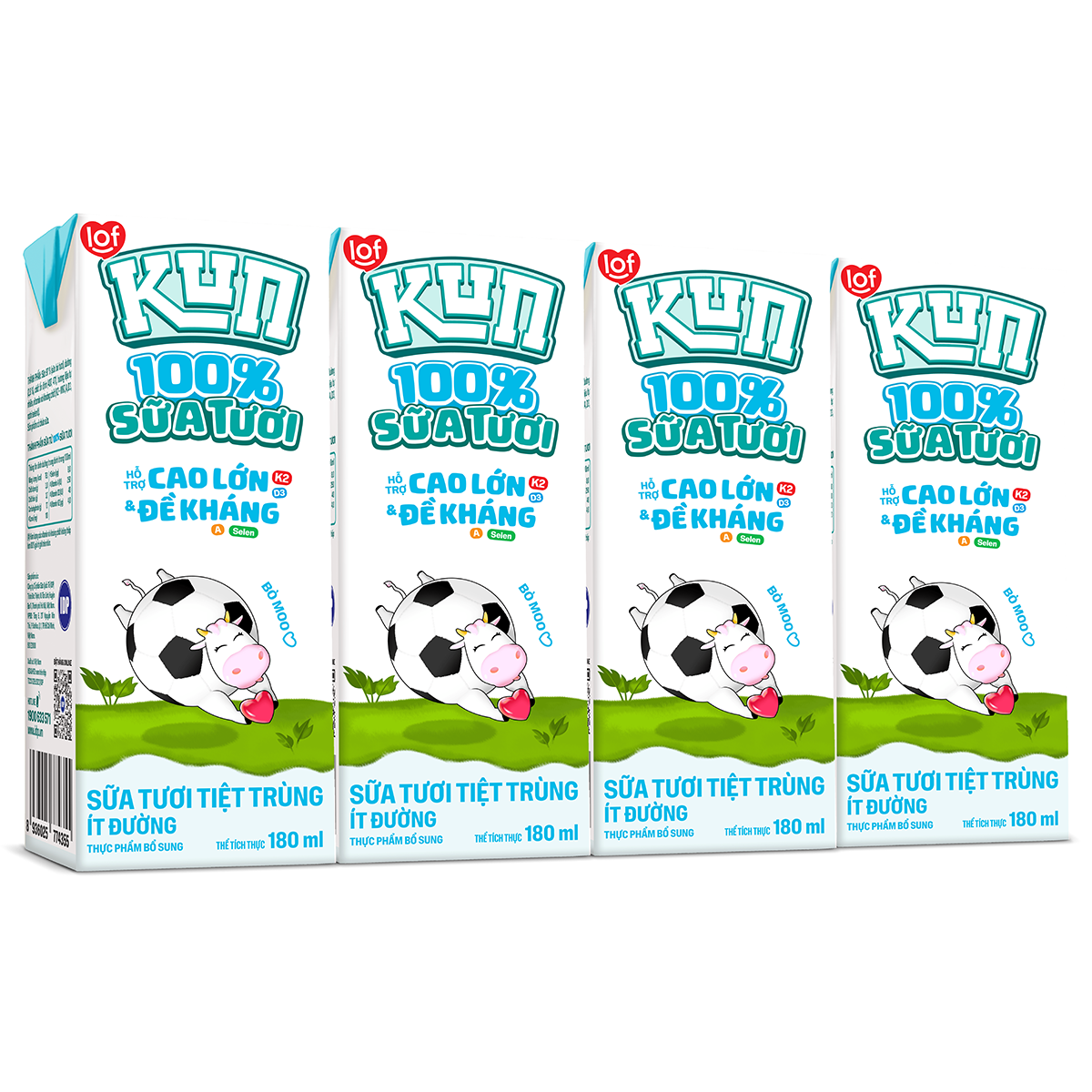 Thùng 48 hộp KUN 100% Sữa tươi ít đường 180ml/hộp