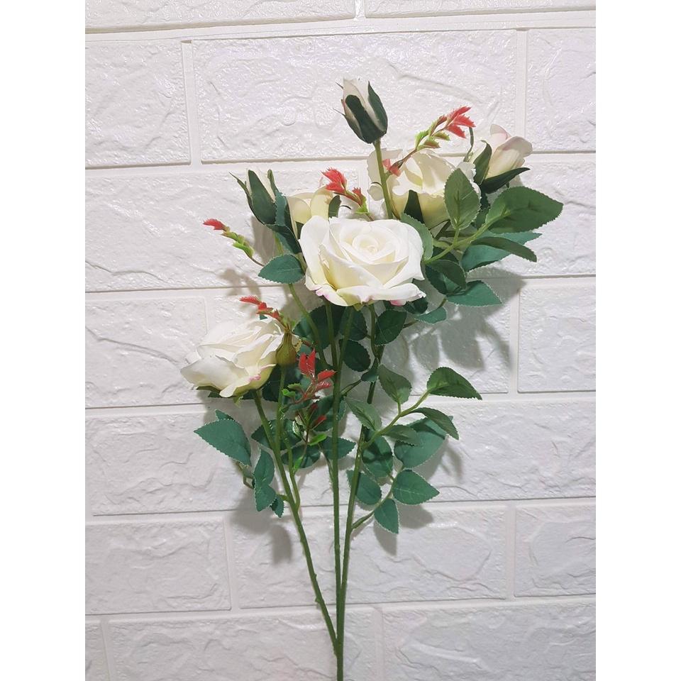 Cành hồng 3 bông,3 nụ hoa lụa hàng loại 1 chất đẹp, nhiều mầu KT dài 75cm.