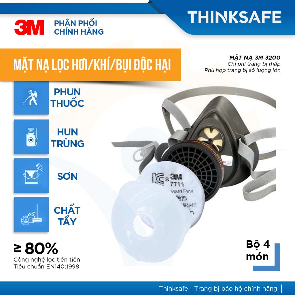 Mặt nạ phòng độc 3M 3200 kèm phin lọc 3301K-100, lọc hữu cơ/ACID mặt nạ phun thuốc bảo vệ thực vật, hơi sơn, hóa chất
