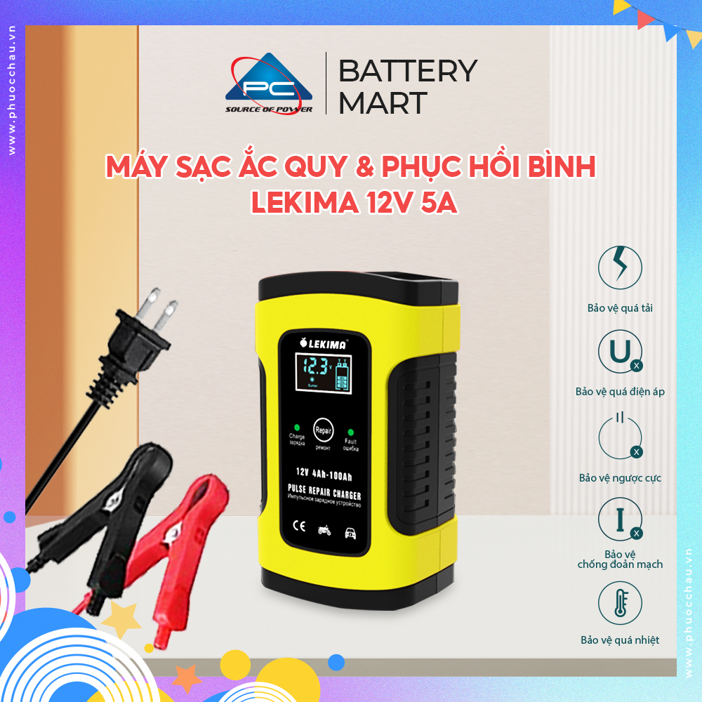 Máy Sạc Ắc Quy 12V 5A Kèm Phục Hồi Bình, Bộ Sạc Bình Acquy Tự Ngắt Khi Đầy, Khử Sunfat