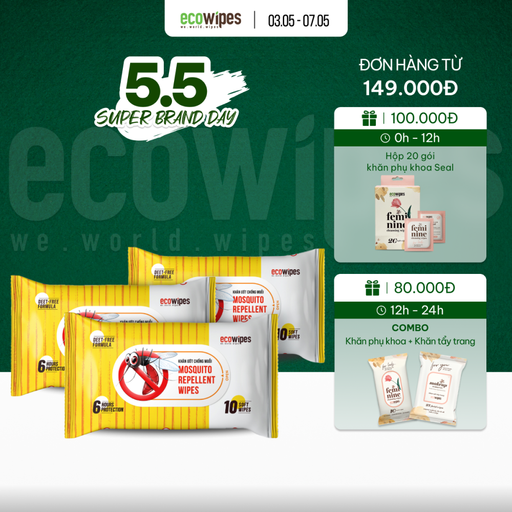 Combo 3 Khăn ướt đuổi muỗi EcoWipes gói 10 tờ 15x20 an toàn cho bé từ 6 tháng tuổi bảo vệ lên đến 8 giờ