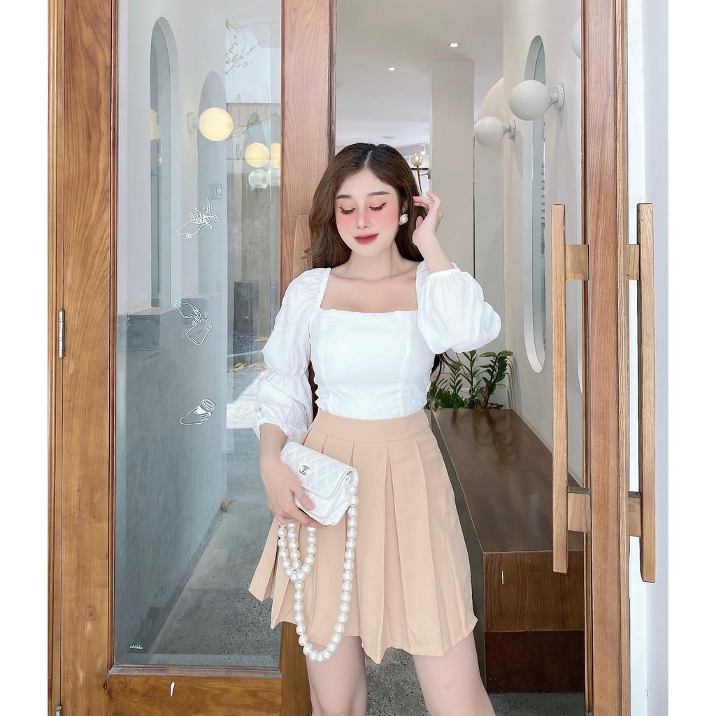 SET ÁO KIỂU XỐP NHÚN CROPTOP CỔ VUÔNG TAY DÀI+CHÂN VÁY XẾP LY-hình thật shop chụp