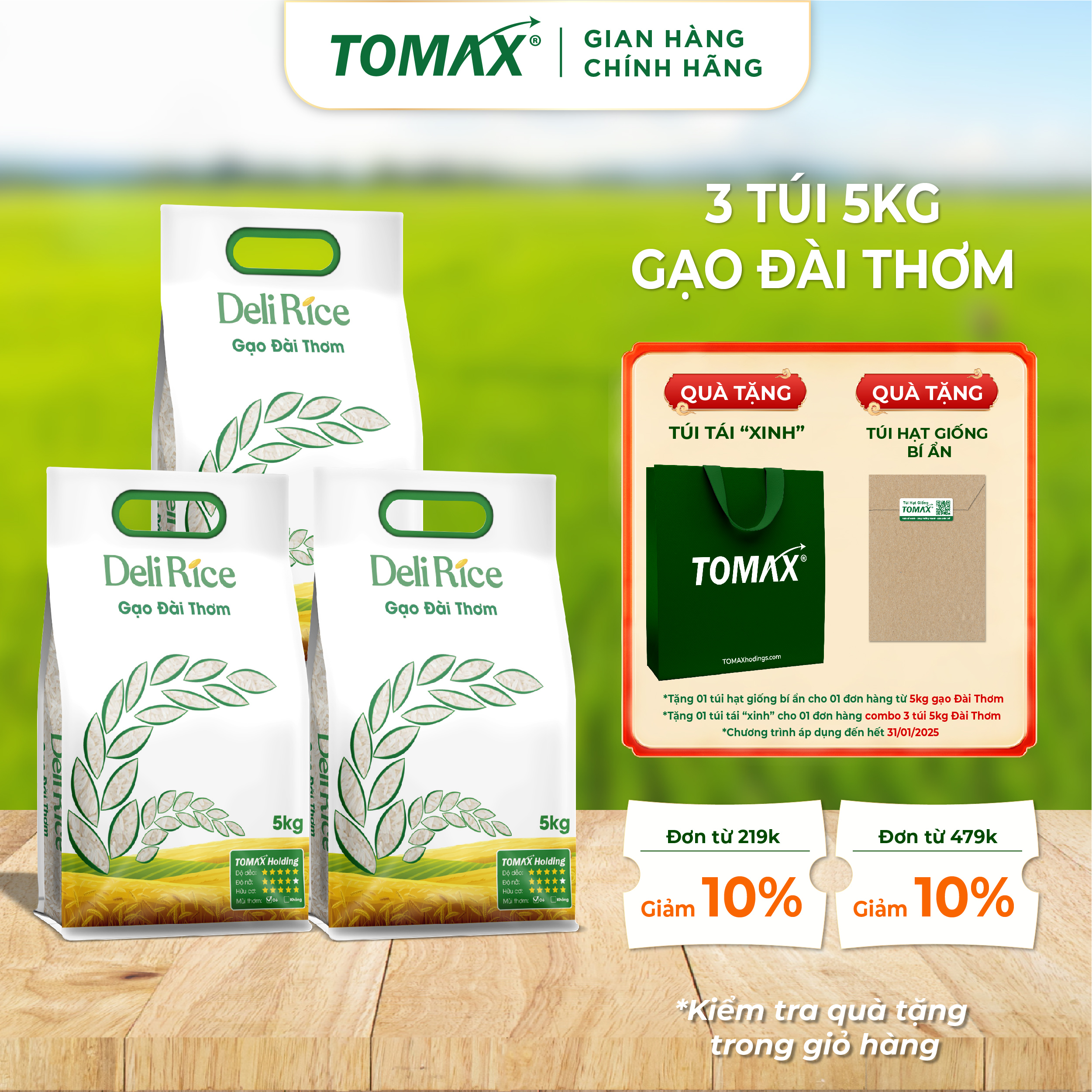 Combo 3 túi 5kg Gạo Đài Thơm TOMAX - tơi xốp, dẻo cơm, thơm dịu