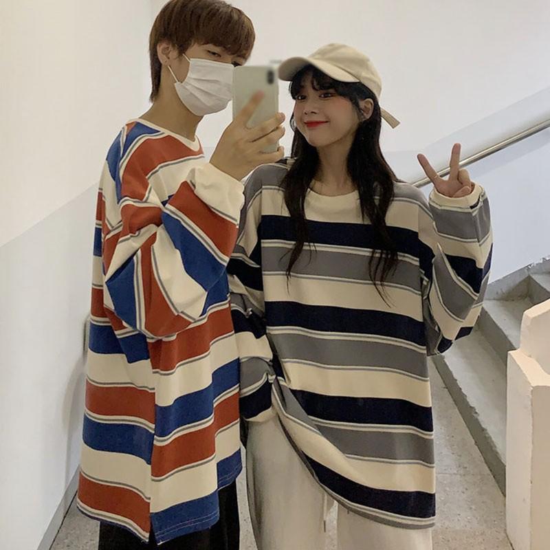 Áo Thun Dài Tay Dáng Rộng Với Họa Tiết Sọc Ngang Xinh Xắn Dành Cho Các Cặp Đôi