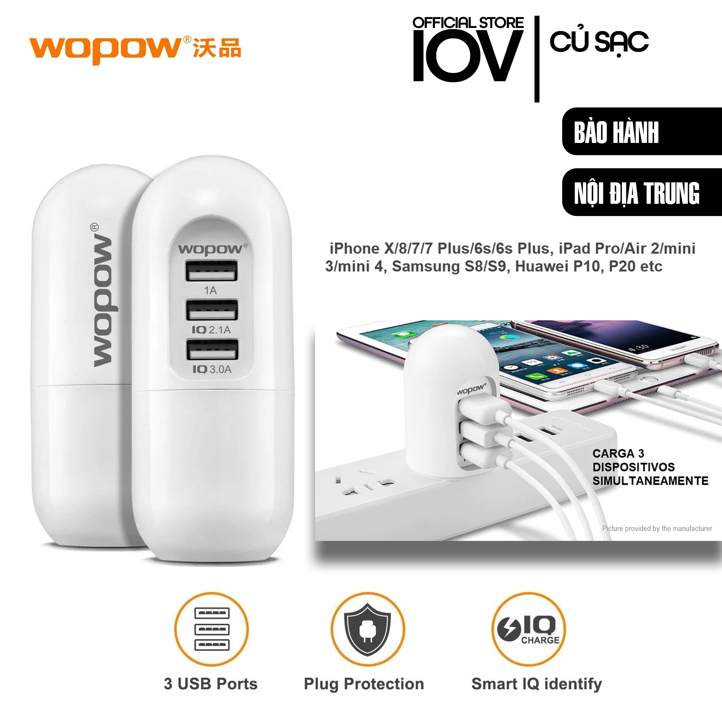 Cục Sạc 3 Cổng USB – tổng 3000 mA  - Sạc nhanh dành cho Android, iphone – Wopow A31– IOV