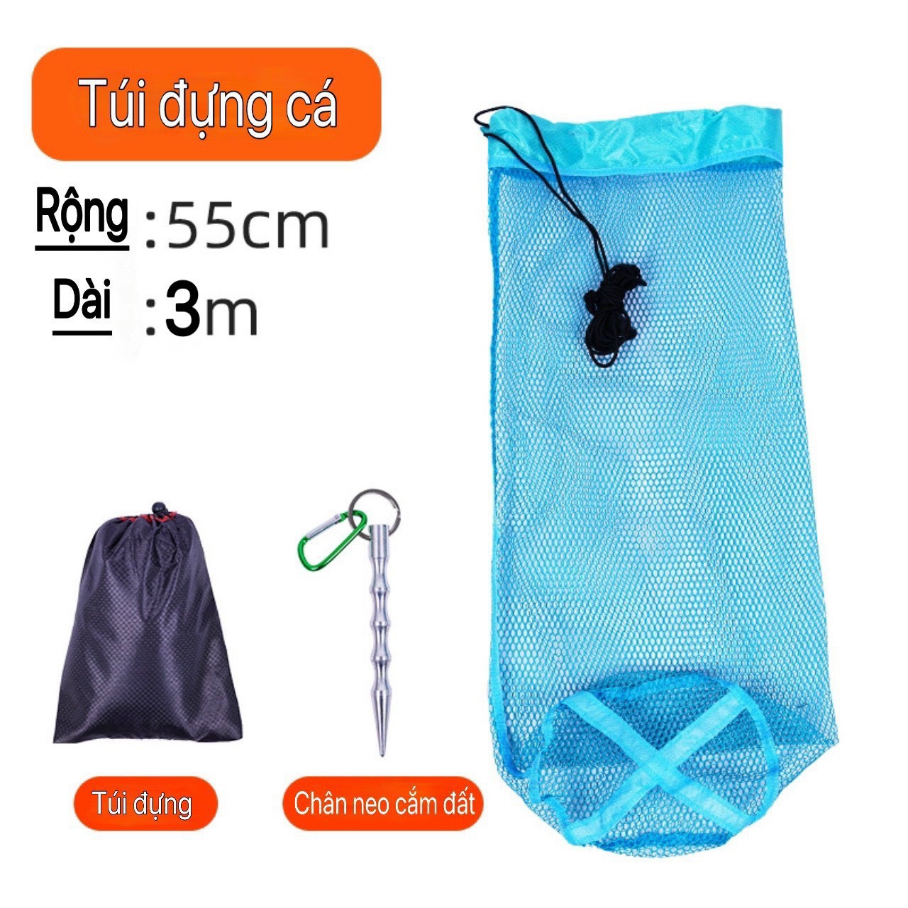 Túi lưới đựng cá rộng 55cm dài 1m5, 2m, 2m5,3m