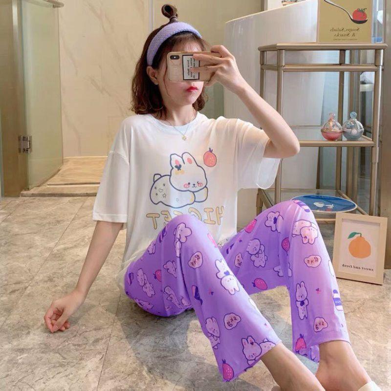 Đồ Bộ Nữ Mặc Nhà Thun Mỏng Hè Thu Quần Dài Áo Cộc