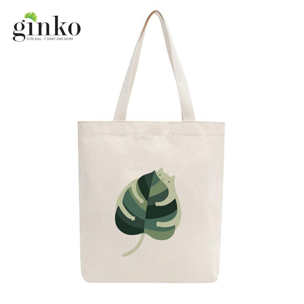Túi Tote Vải Mộc Ginko kiểu basic có dây kéo khóa miệng túi đựng vừa laptop 14 inch và nhiều đồ dùng khác In Hình Cat With Leaf M08
