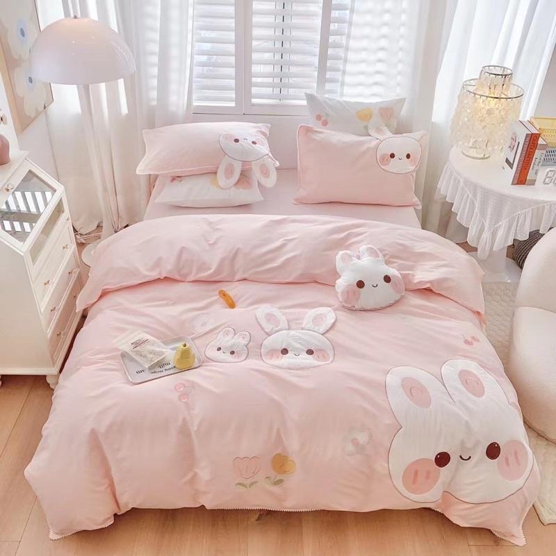 Bộ Chăn Ga Gối Côtton Linen Disney Hàng Nhập Khẩu Cao Cấp 5 Món Mẫu Thỏ hồng
