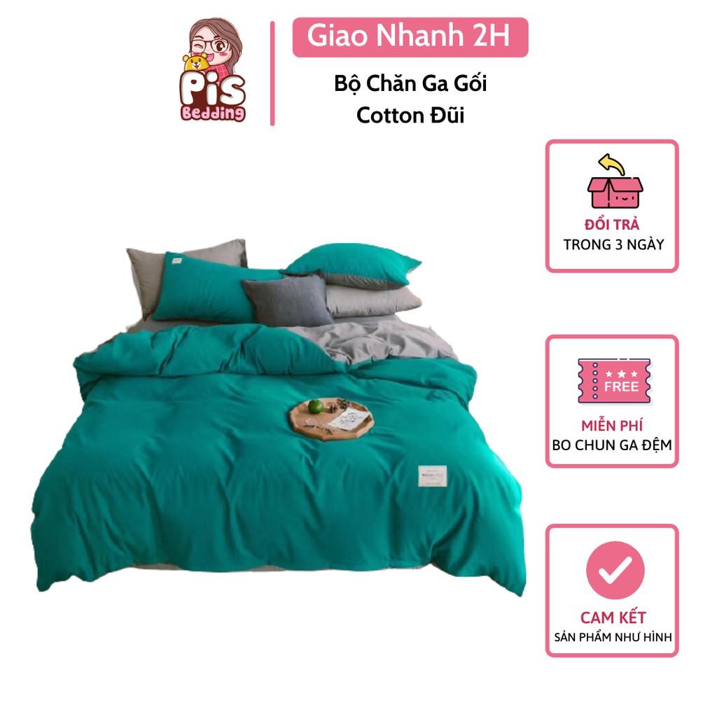 Bộ Chăn Ga Gối Cotton Đũi - Xanh Lam Phối Ghi