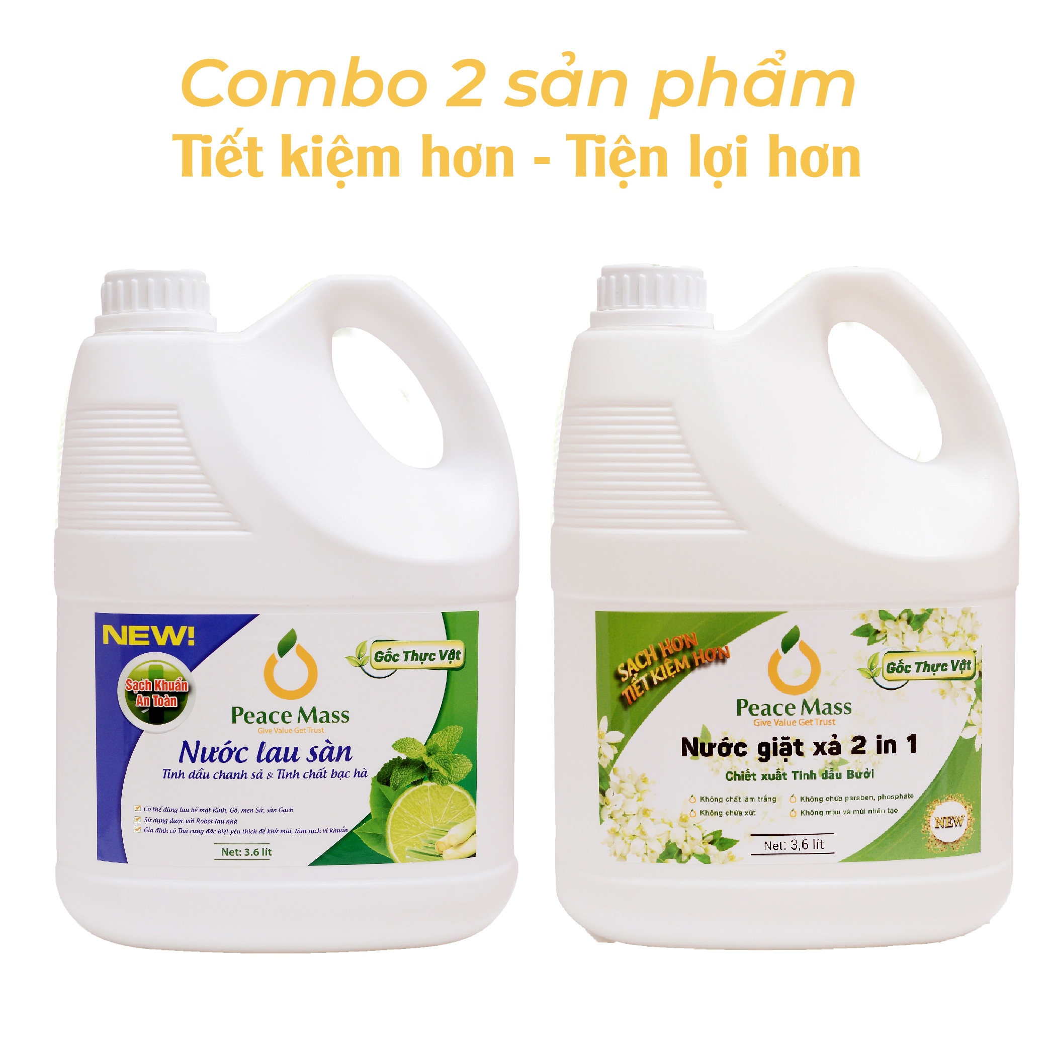 Combo Sản Phẩm Gốc Thực Vật NGB4 Peace Mass Nước Giặt Xả 2 in 1 3.6 l + Nước Lau Sàn TD Chanh Sả -Bạc Hà 3.6l (Thuộc nhóm Sản phẩm Lành tính / Hữu cơ)