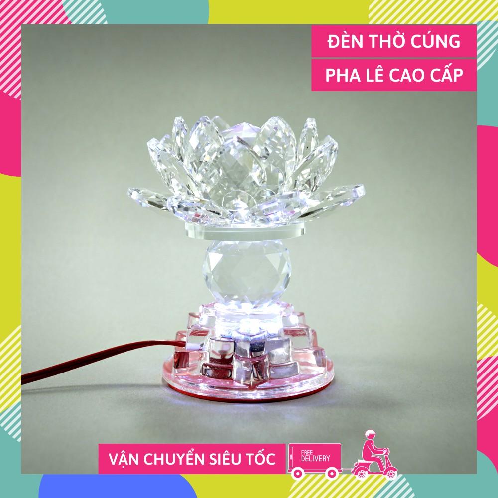 Đèn thờ cúng điện pha lê nguyên khối hoa sen đèn thờ led đổi màu trụ tròn tầng cao cấp - Cao 12cm