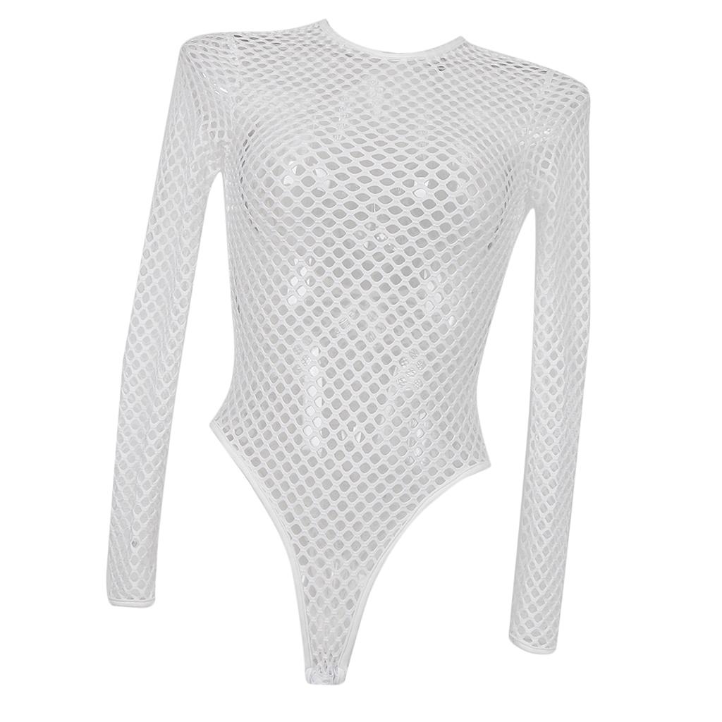 Women's Tight Mesh Long Sleeve Backless Bodysuit Jumpsuit Shapewear One Piece Swimsuit