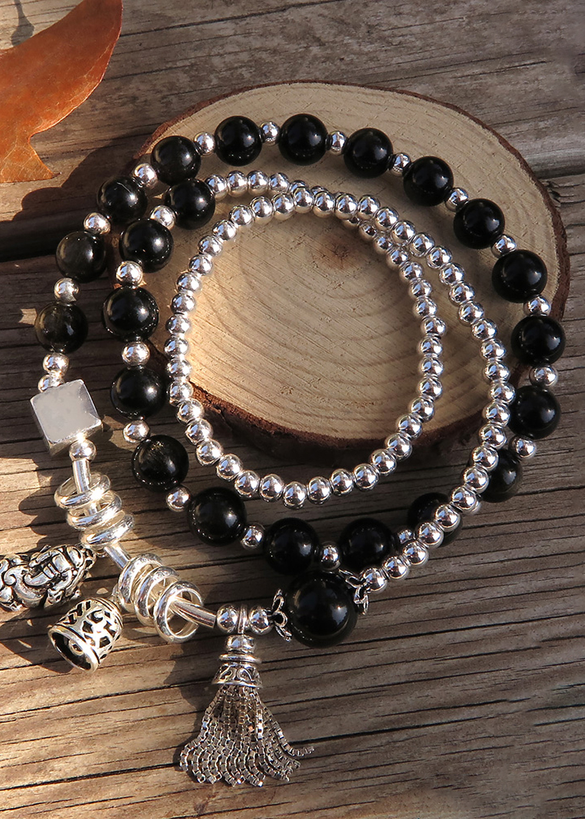 Vòng 3 line đá thạch anh tóc đen phối tỳ hưu mệnh thủy, mộc - Ngọc Quý Gemstones