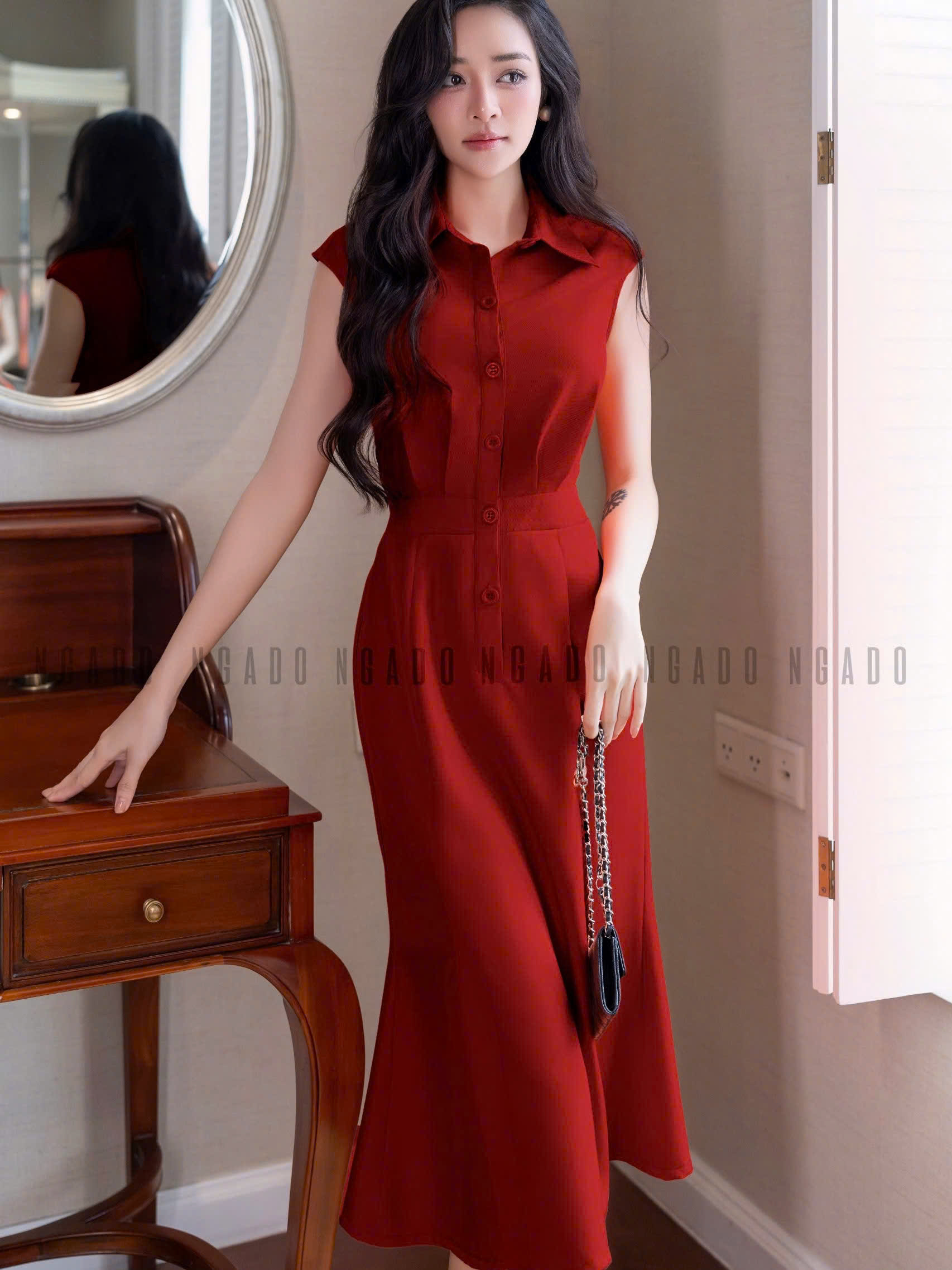 Đầm đỏ eo xếp ly NGADO , đầm kiểu Nữ , đầm công sở , dự tiệc