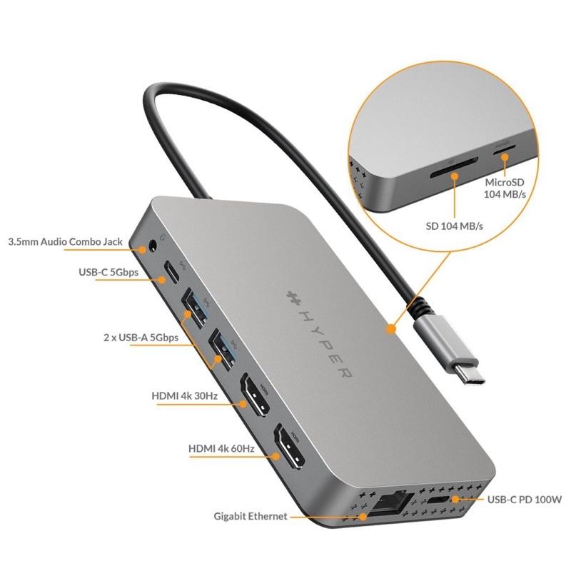 Cổng chuyển xuất 2 màn hình độc lập hyperdrive dual 4k hdmi 10-in-1 usb-c hub for macbook m1 hdm1h