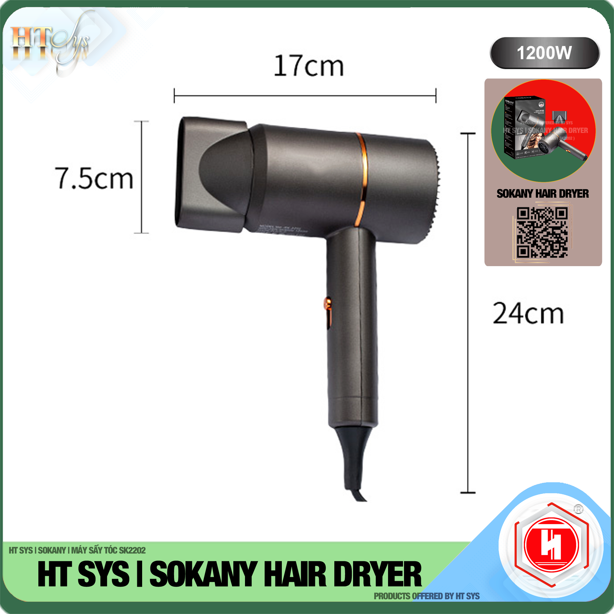 Máy sấy tóc ion âm HT SYS - SOKANY2202 - Công suất 1200W - Thiết kế kiểu dáng sang trọng, tiện lợi,chuyên dụng tại nhà và hair salon - Máy sấy bổ sung ion âm dưỡng ẩm làm mềm mượt tóc - [Hàng Nhập Khẩu