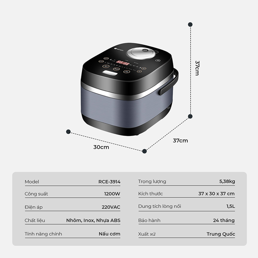 Nồi cơm điện tử cao tần Elmich 1.5 lít RCE-3914 - Hàng chính hãng