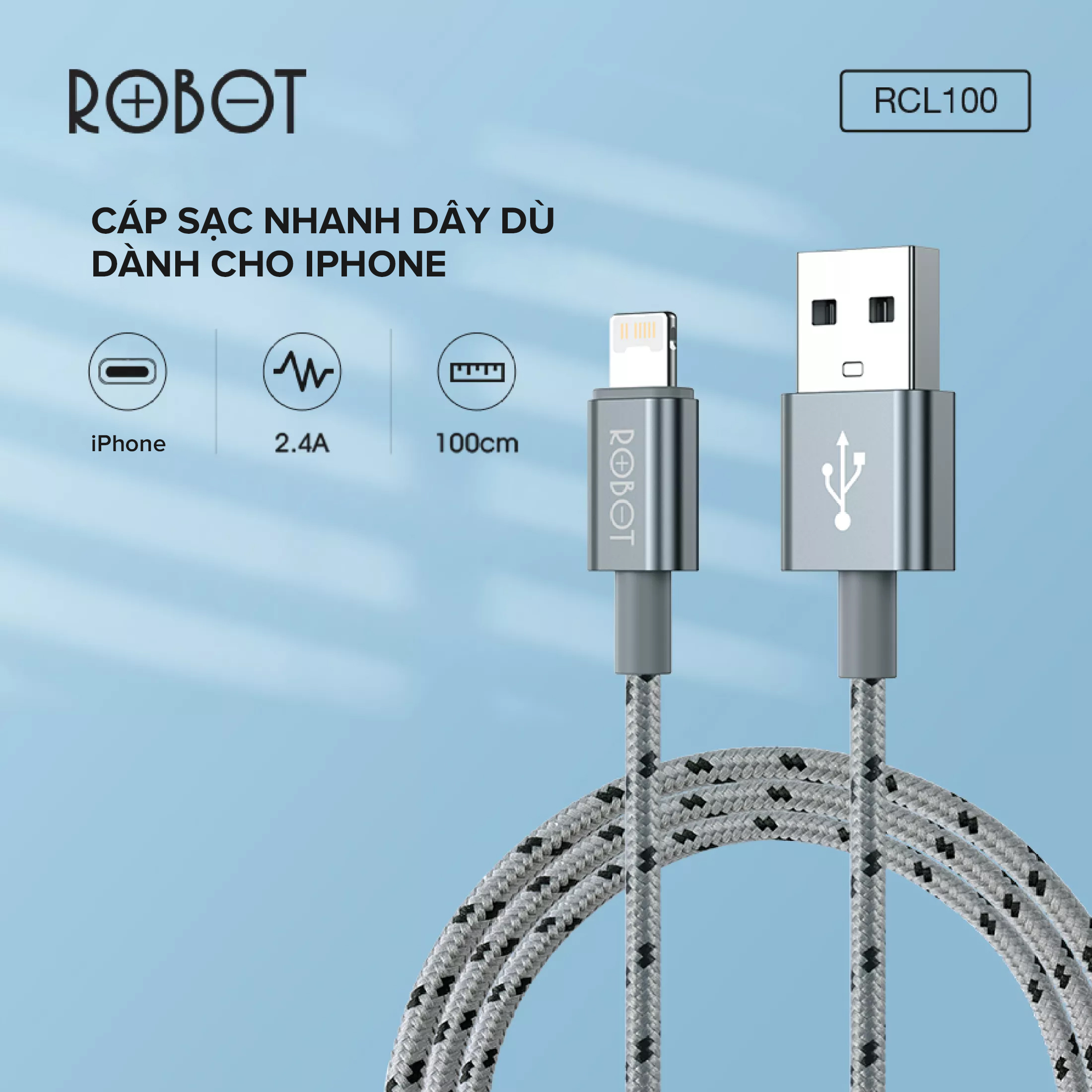 Cáp Sạc Nhanh ROBOT RCL100 Dành Cho IPHONE/IPAD - Chất Liệu Dây Bện Dù - Chiều Dài 1m - Hàng chính hãng