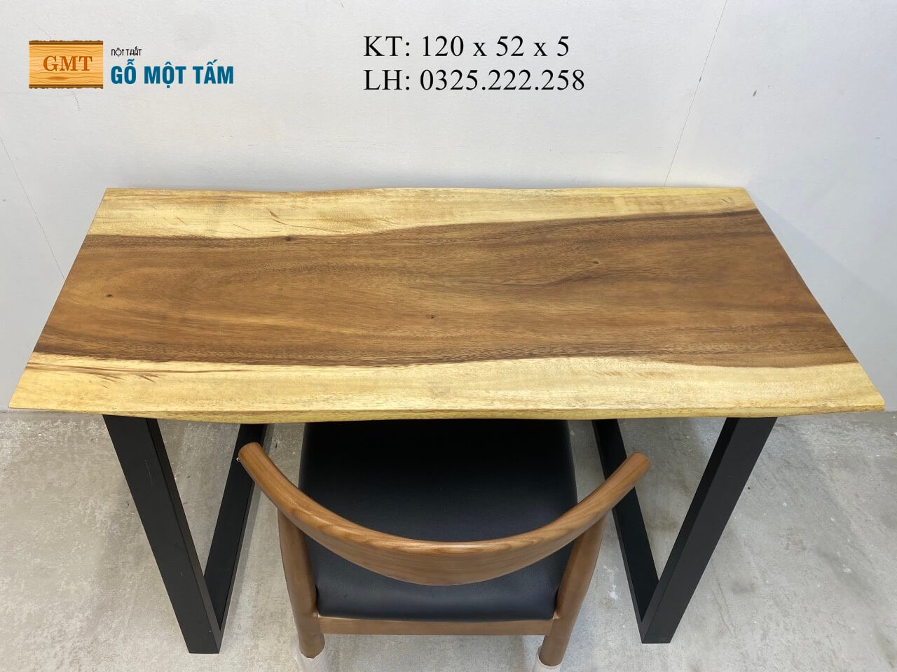 Bàn Ăn Gỗ Me Tây, Bàn Làm Việc Gỗ Tự Nhiên, Bàn Học Hiện Đại, Bàn Làm Việc Chân Sắt Dài 1,2m Rộng 52cm Dày 5cm