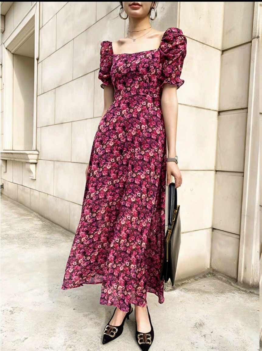 Đầm xòe maxi lụa hoa mềm mịn cổ vuông bo chun siêu co giãn vintage - VN482001