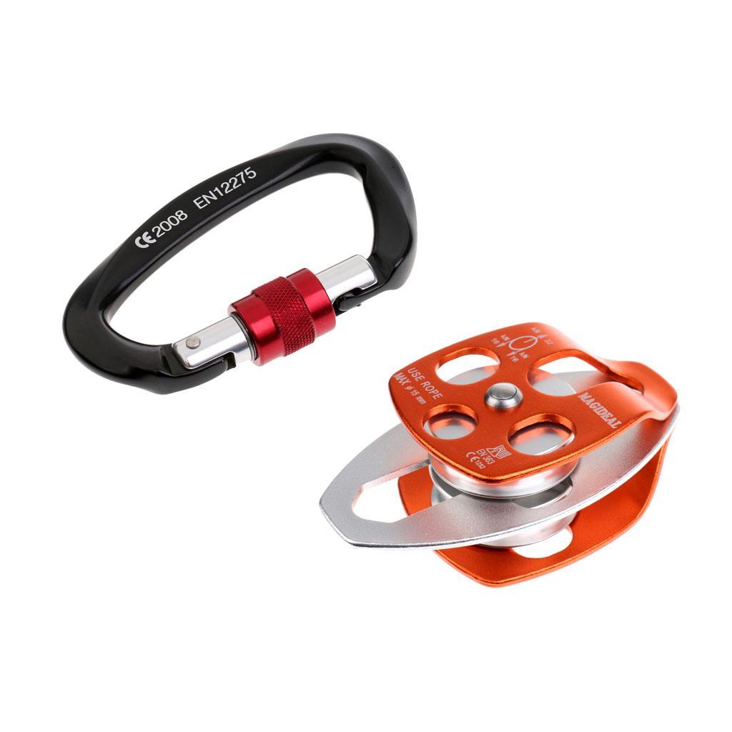 32KN Outdoor Sport Rock Tree Climbing Caving Rescue Tree Rigging Ball Bearing Double Rope Pulley + 25KN Screw Locking Carabiner