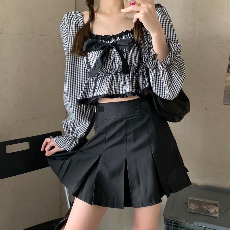 Áo sơmi caro trễ vai thắt nơ Ulzzang