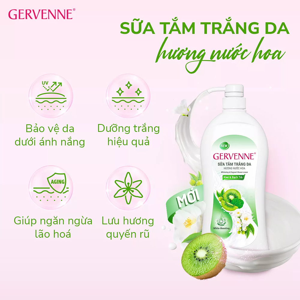 Sữa tắm trắng da hương nước hoa Gervenne Kiwi và Bạch Trà 1.2L/chai