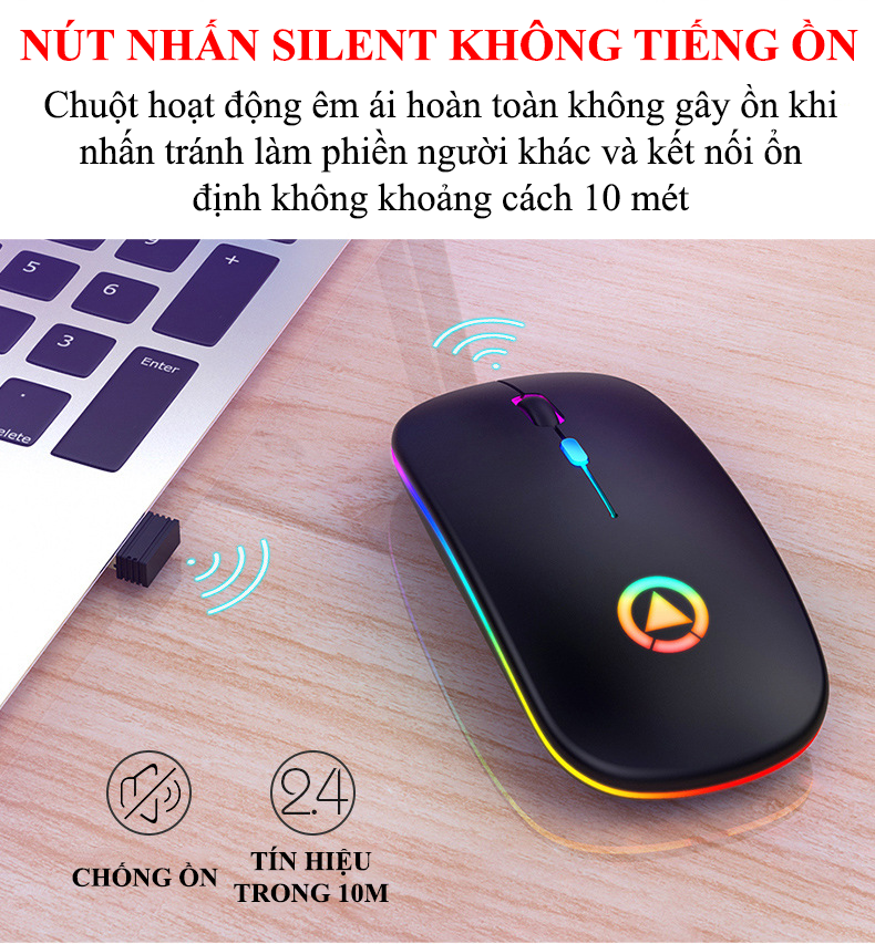 Chuột Không Dây YINDIAO A2 kết nối BLUETOOTH và chip USB 2.4GHz có đèn led 7 màu với nút nhấn không ồn - Hàng Chính Hãng