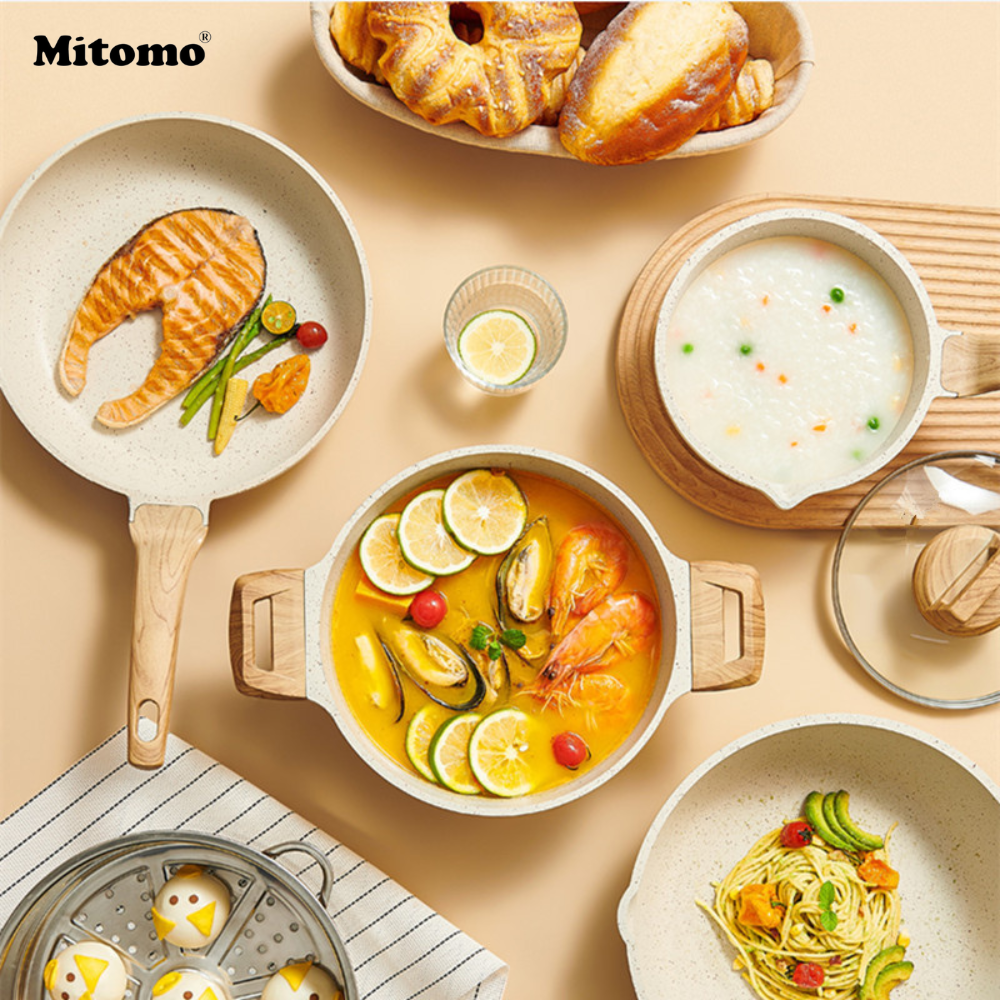 Bộ nồi vân đá chóng dính cao cấp 4 món Mitomo, đúc nguyên khối, nấu trên mọi loại bếp - Hàng chính hãng