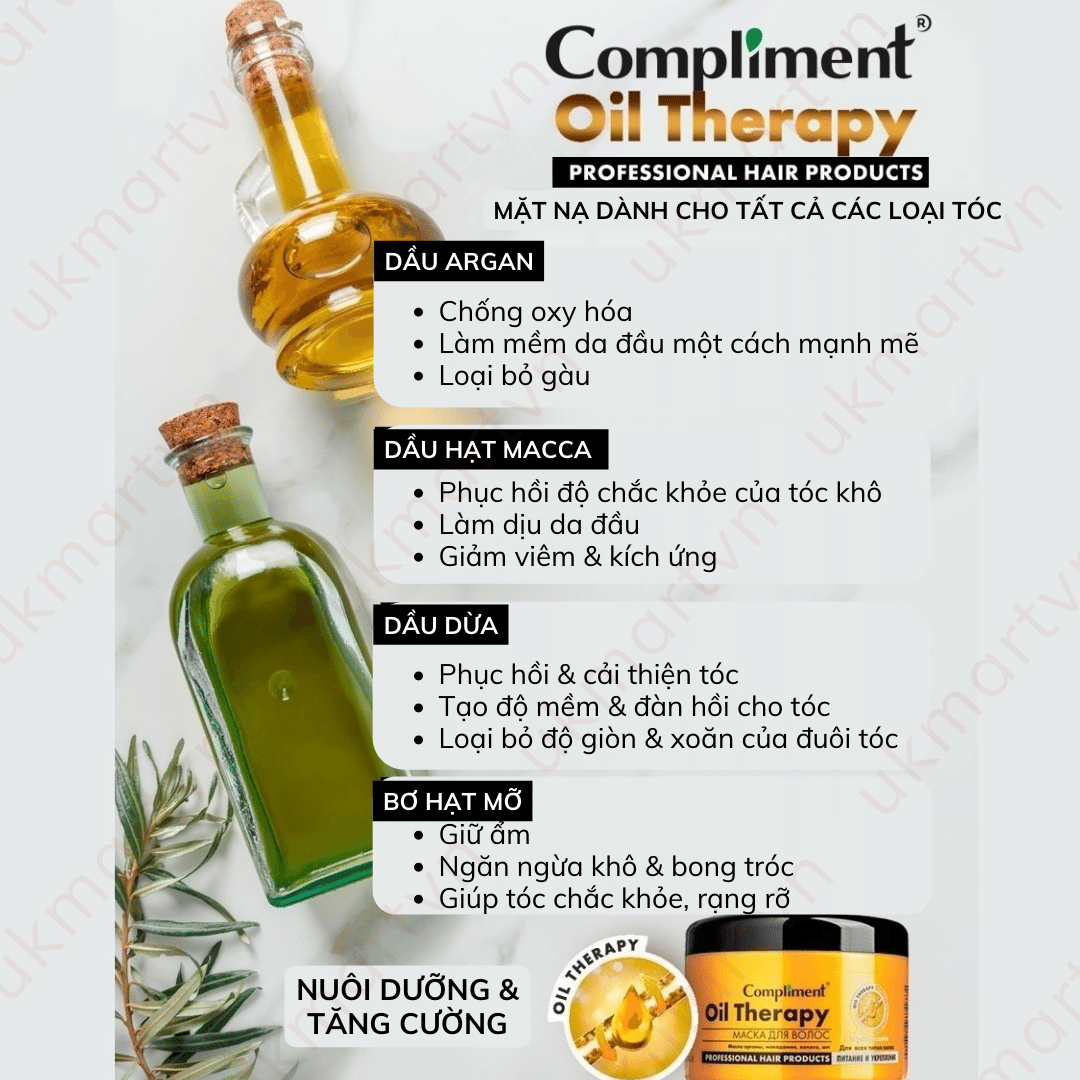 Ủ Tóc Compliment Oil Therapy Argan Oil 500ml Chăm Sóc Chuẩn Salon Phục Hồi Dưỡng Tóc Chắc Khoẻ Bóng Mượt Bồng Bềnh