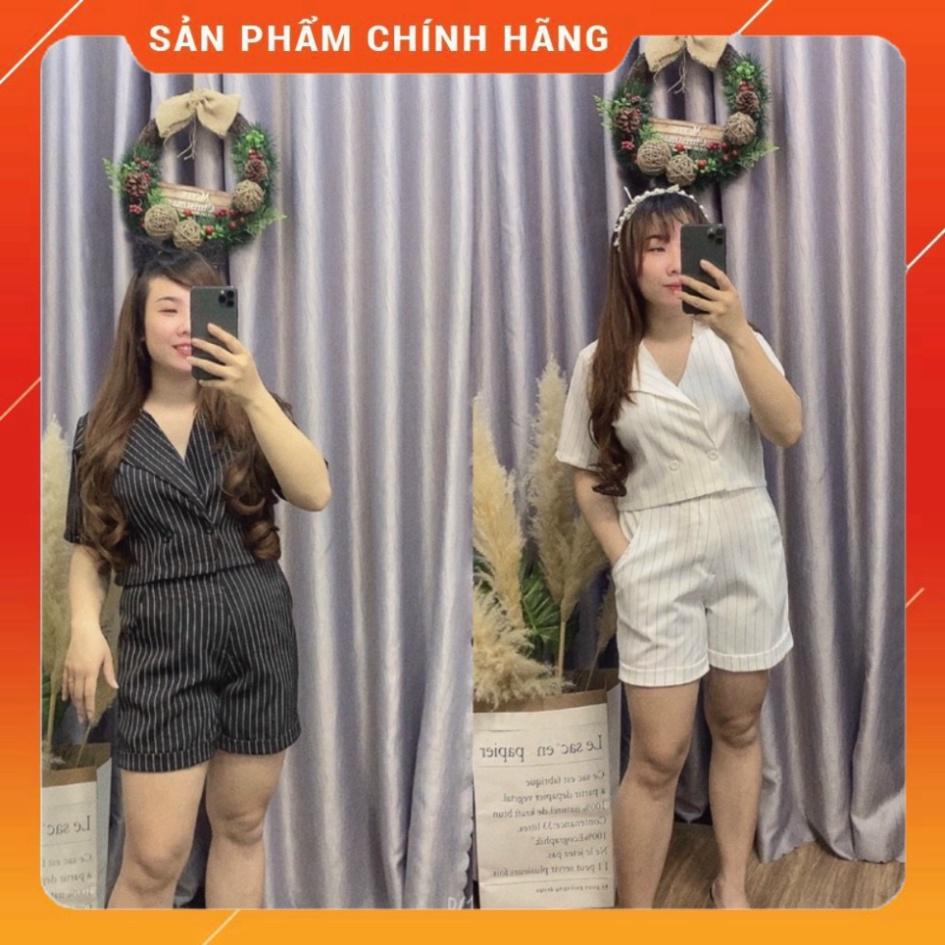 BIGSIZE 50-90KG Set áo vest croptop quần short/đùi vải kate sọc đen cổ V tay ngắn đùi cổ V