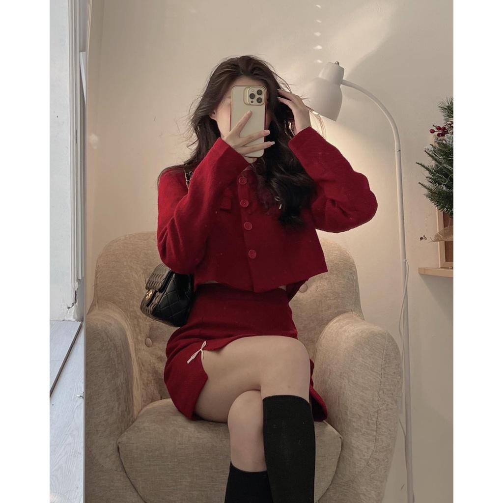 Set dạ tweed đỏ xẻ nơ tặng kèm mũ nồi