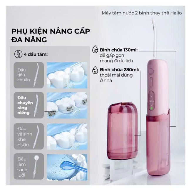 Máy Tăm Nước 2 Bình Thay Thế Halio UltraClean Express Hydro Floss Phiên Bản Nâng Cấp Dành Cho Răng Niềng