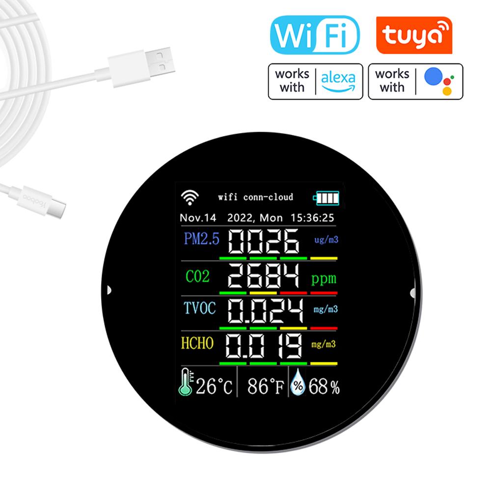 Tuya Wifi Portable Air Quality Meter 7in1 PM2.5 CO2 TVOC HCHO AQI Temperature Humidity Tester Color Display Carbon Dioxide Detector Support Cellphone APP Control with Calendar Function