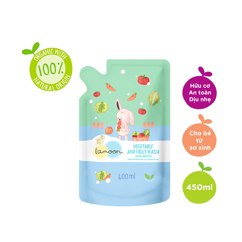 COMBO Nước rửa rau củ quả Organic an toàn cho bé Lamoon dạng Bình 450ml + Túi refill 400ml