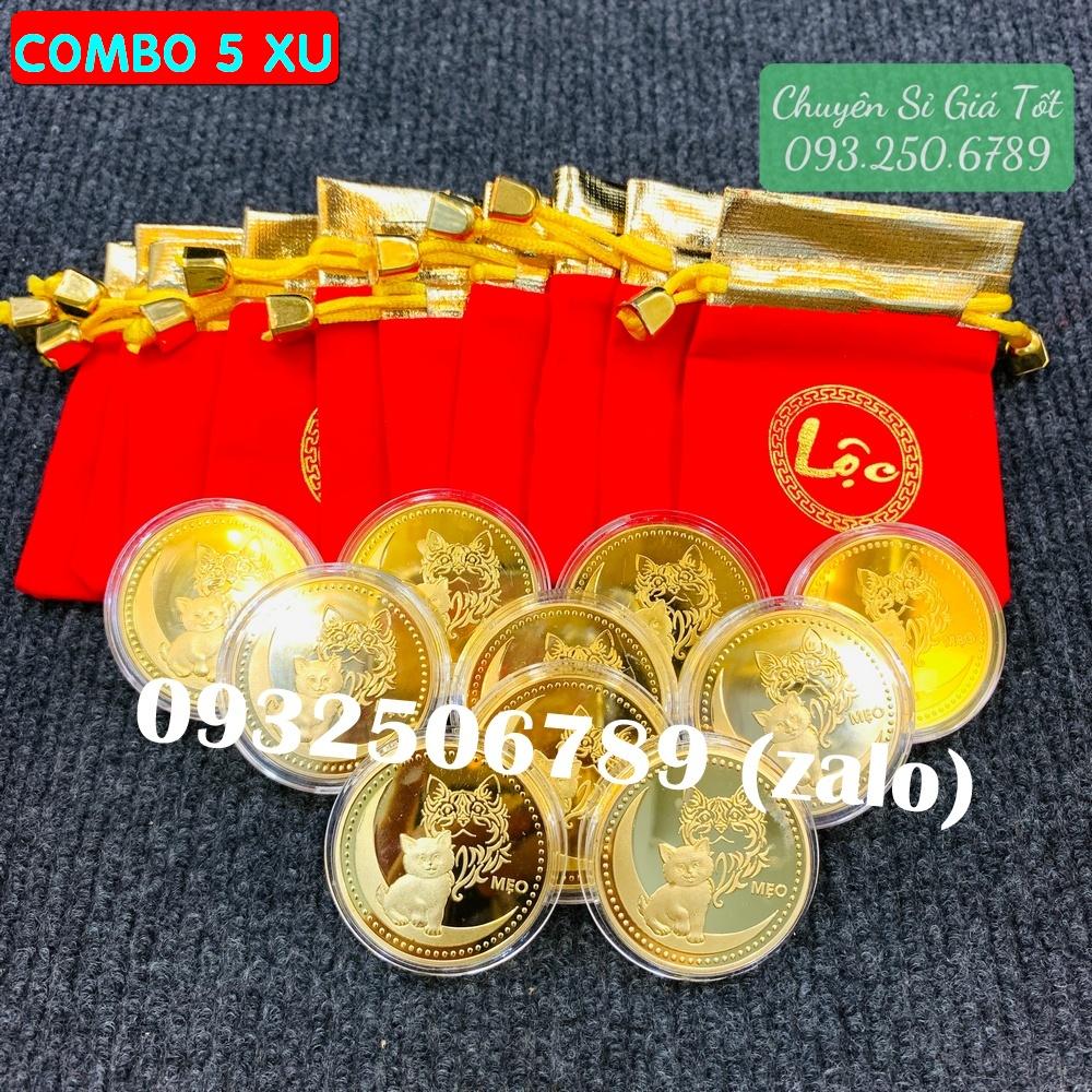 Sét 10 Đồng Xu Hình Mèo Vàng bằng kim loại, tặng kèm túi nhung đỏ LỘC, Tiền lì xì tết 2023 , NELI