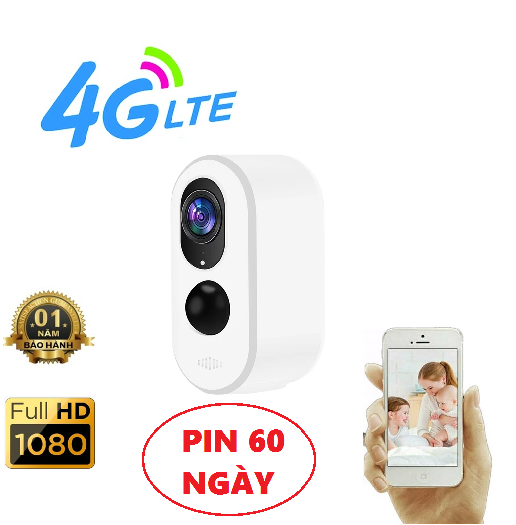 Camera Sim 4G PIN 60 Ngày FullHD 1080P Siêu Nét Góc 170 Độ - PIN 60 Ngày Quan Sát Báo Động Chống Trộm Chế Độ PIR Hồng Ngoại Đen -Chống Nước IP66