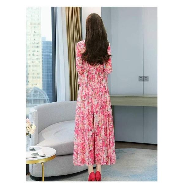 HÀNG NHẬP - ĐẦM MAXI VOAN HOA CỔ V VIỀN BÈO TAY DÀI EO THUN