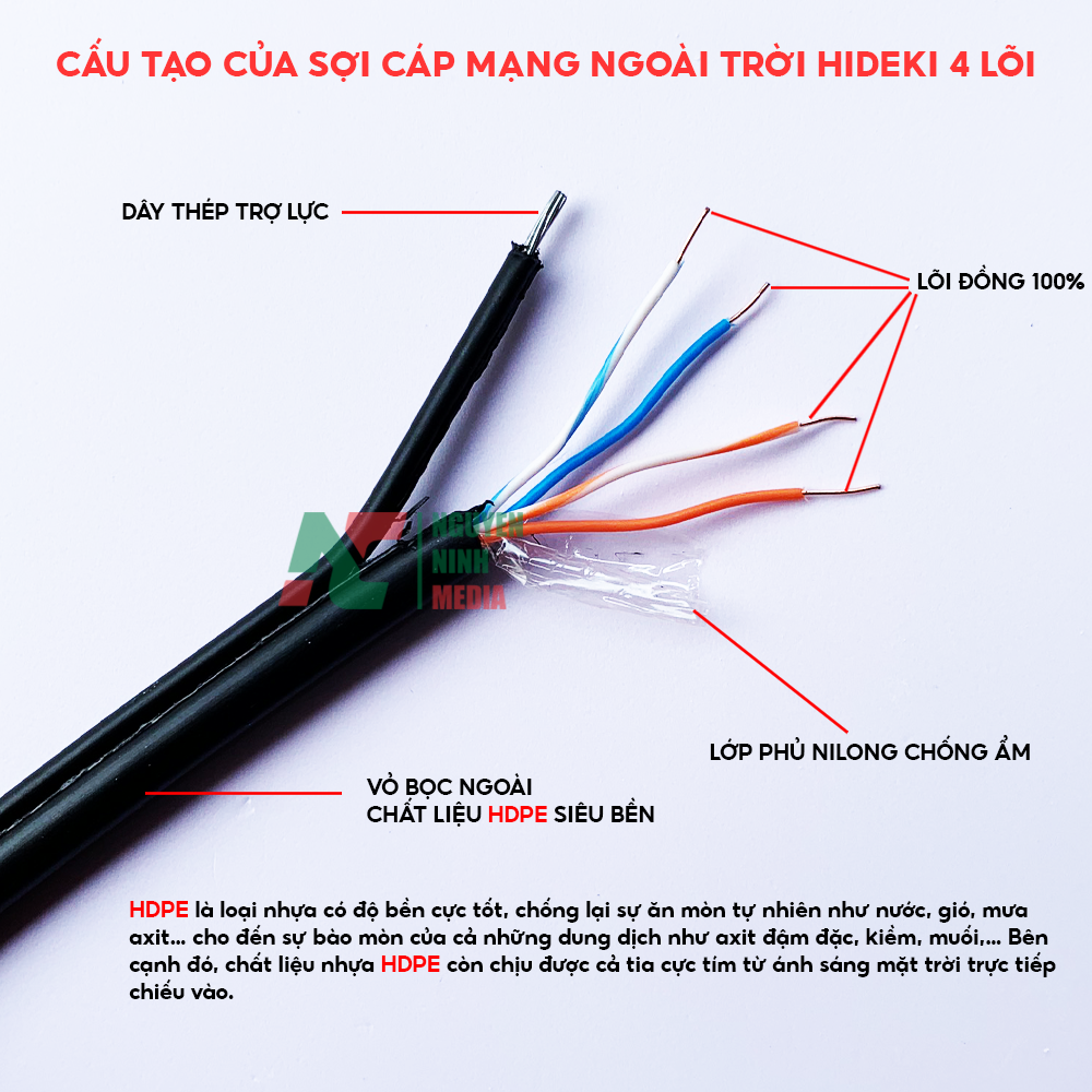 Dây Cáp Mạng Ngoài Trời HIDEKI Cat5e Dropwire 4 Lõi Đồng Nguyên Chất, Có Sợi Thép Chịu Lực, Vỏ HDPE Siêu Bền - Hàng Chính Hãng