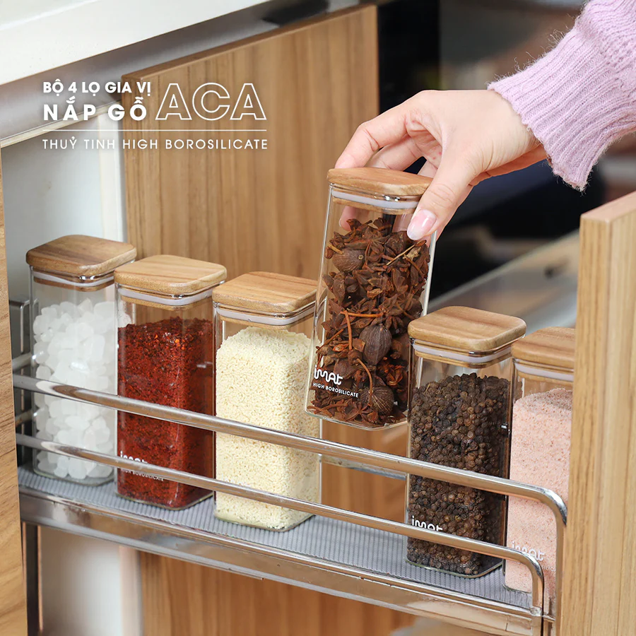 Bộ 4 Hũ Gia Vị Imat Thủy Tinh Nắp Gỗ Acacia ACA 400ml Sang Trọng Tiện Dụng