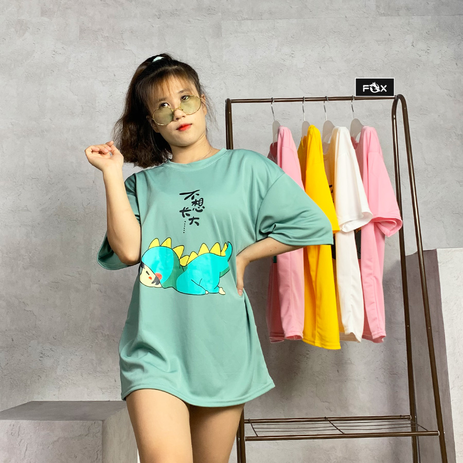 Áo thun tay lỡ Unisex nam nữ phong cách ulzzang in hình khủng long lười biến