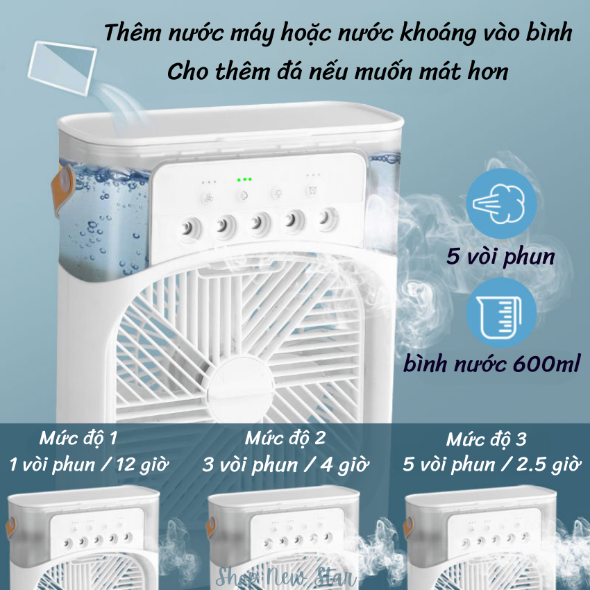 Quạt Điều Hòa Phun Sương Hơi Nước Mini Để Bàn 3 Chế Độ Tích Hợp Led Dung Tích 600ML, Chế Độ Hẹn Giờ Sử Dụng Cổng Sạc USB Tiện Dụng-HÀNG CHÍNH HÃNG