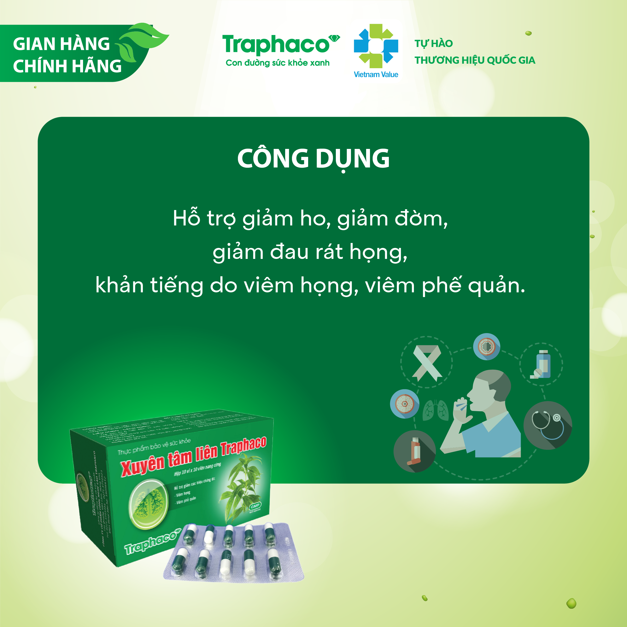 XUYÊN TÂM LIÊN - GIẢM TRIỆU CHỨNG VIÊM HỌNG, VIÊM PHẾ QUẢN, BỔ PHỔI