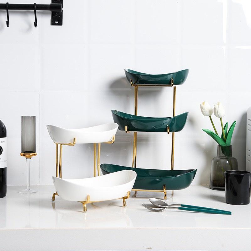 Khay Gốm Đựng Hoa Quả 3 Tầng 2 Màu Xanh, Trắng Phong Cách Bắc Âu - Khung kim loại kèm kệ inox cao cấp
