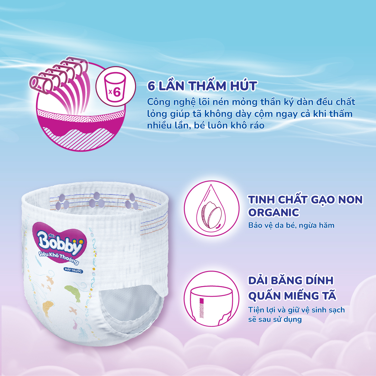 [TẶNG KÈM 8 MIẾNG] Tã quần Bobby Siêu Khô Thoáng - 100% Thoáng Khí Mega Jumbo