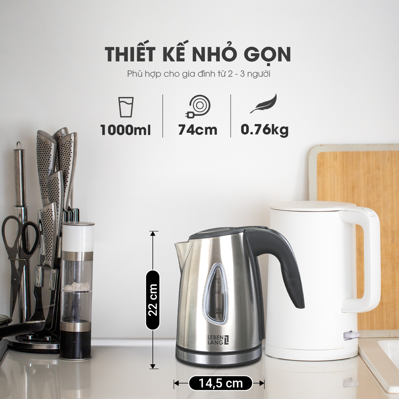 Ấm siêu tốc mini Lebenlang LBL2839, công suất 1630W, dung tích 1L, inox 304, thiết kế nhỏ gọn tiện lợi, bảo hành 2 năm - hàng chính hãng