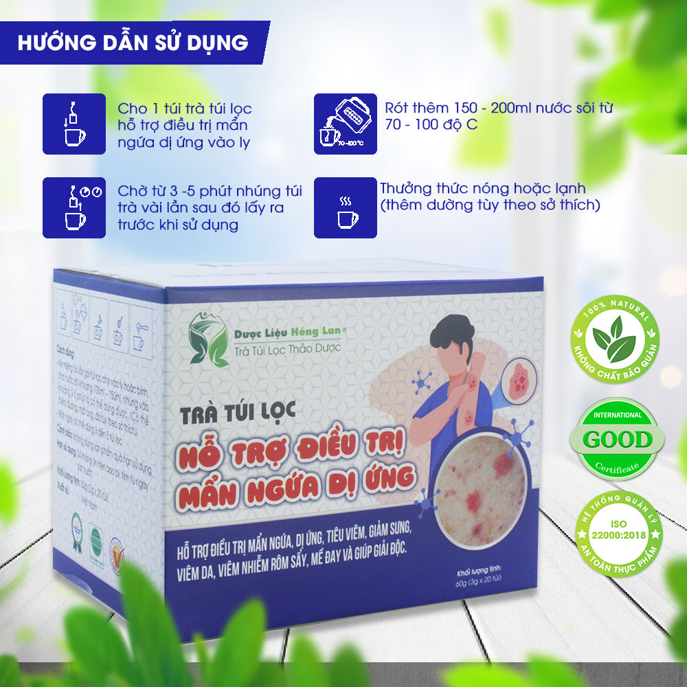 Trà hỗ trợ điều trị mẩn ngứa, dị ứng, viêm da, viêm nhiễm rôm sẩy, mề đay và giúp giải độc túi lọc hộp 60g Dược Liệu Hồng Lan