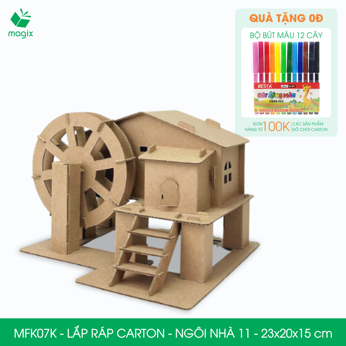 MFK07K - 23x20x15 cm - Mô hình ngôi nhà lắp ráp từ bìa carton cao cấp, nhà giấy carton mini sáng tạo